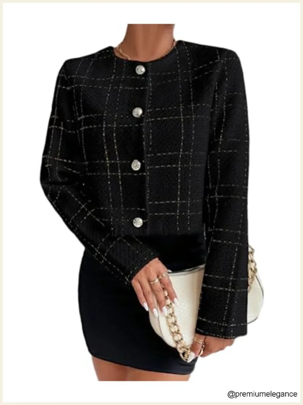Women's Tweed Blazer Plaid Cropped Lightweight Casual